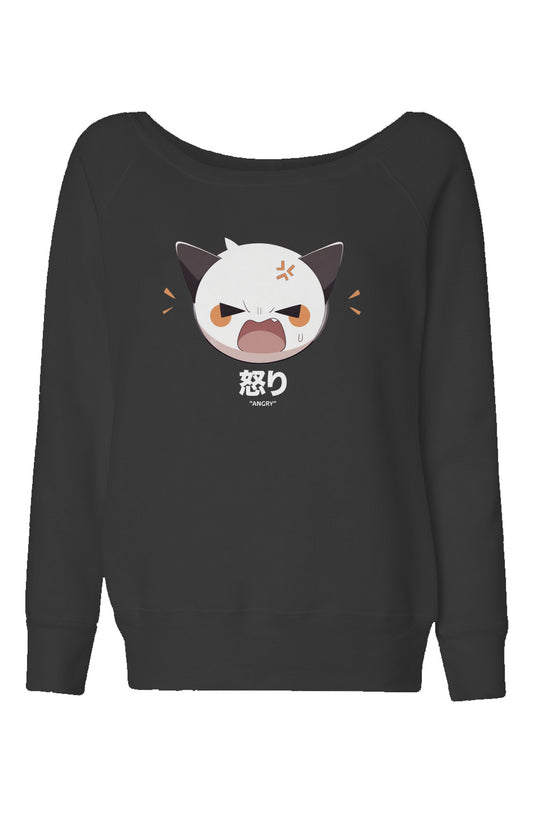 Women's wide neck Angry Cat Sweatshirt