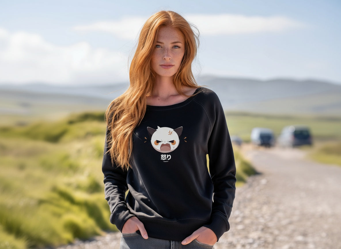 Angry Cat Off Shoulder Anime Sweatshirt